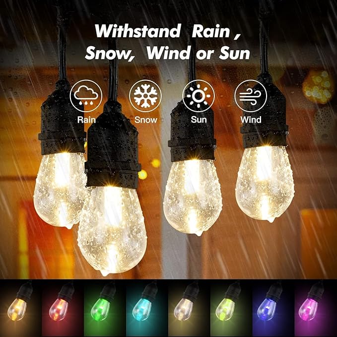 24FT Solar Outdoor String Lights, 12 Shatterproof E26 Edison LED Bulbs, Dimmable RGB Color Changing Patio Lights with 8 Modes, IP65 Waterproof & Remote for Weddin & Commercial Use