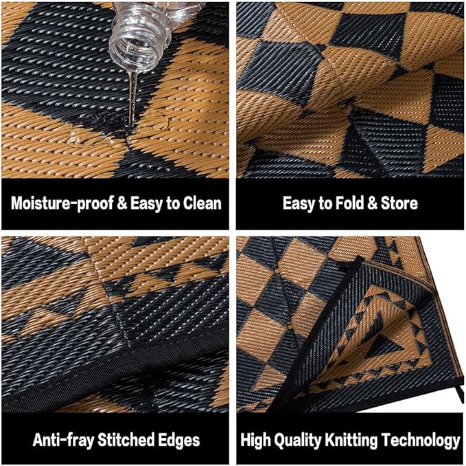 HUGEAR Outdoor Waterproof Rug 8'x10' Plastic Straw Rugs Washable Reversible Floor Mat Brown Plaid Carpet for Camping RV Deck Entryance Porch Picnic Balcony Beach Backyard