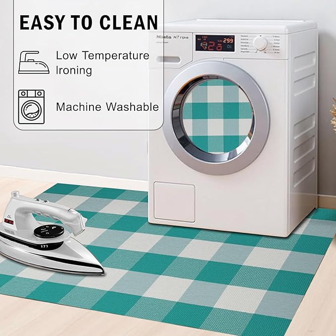 SEEKSEE Buffalo Plaid Outdoor Rug 27.5"x43" Light Blue and White Checkered Area Rug Washable Doormat Cotton Boho Bedroom Rug for Kitchen Entryway Hallway Front Door Farmhouse Living Room