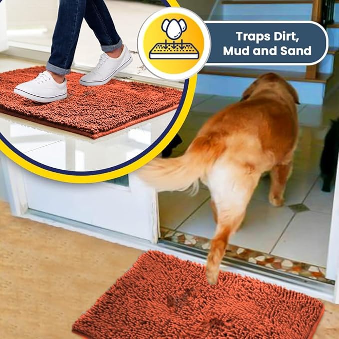 Muddy Mat® | Super Absorbent Door Mat Indoor, Microfiber Quick Dry Chenille Entryway Rug, Non-Slip Front Door Mat, Indoor Mats for Entryway, Machine Washable Pet Rug, Orange Large 35"X24"