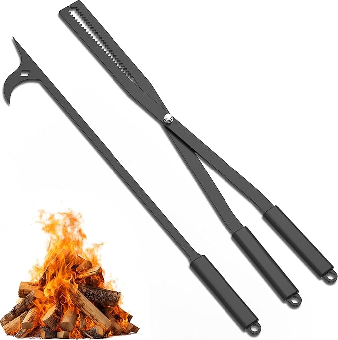 Heavy Duty Fire Tongs Firewood Grabber Tool with Scissor Shape Serrated for Campfire, Bonfire, Fire Pit Log Claw Tongs - Black