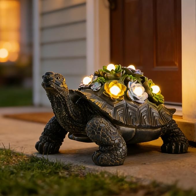Solar-Powered Succulent Turtle Statue - Resin Garden Decor with LED Lights, Waterproof Outdoor Ornament for Patio, Yard, Lawn - Unique Housewarming Gifts