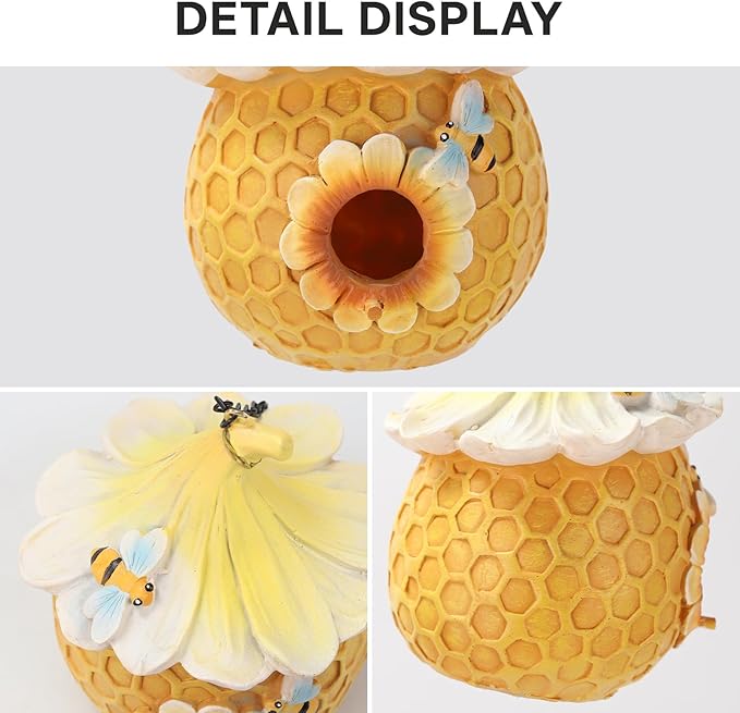 Bird Houses for Outside Pink Cottage Resin Birdhouse, Garden Outdoor Decor Bird House with Flower and Bees, Birdhouses for Outdoors for Bluebird Finches Cardinals