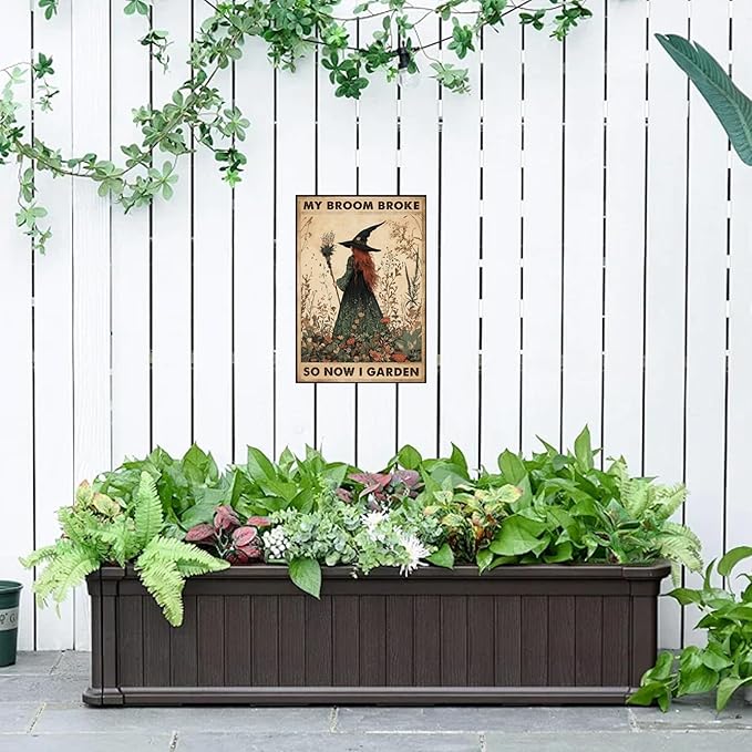 Witch My Broom Broke So Now I Garden Metal Sign Vintage Tin Sign Funny Wall Decor for Garden Fence Backyard Outdoor Home 12×8 Inch