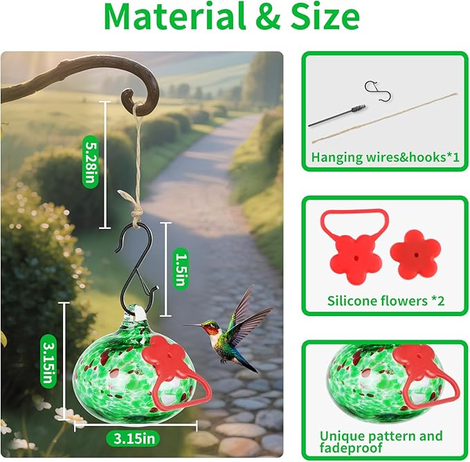 Small Hummingbird Feeders for Outdoors Hanging,Hand-Blown Glass Hummingbird Feeder with Silicone Feeding Perch,Never Leak,Gardening Gifts for Woman Man(Green)