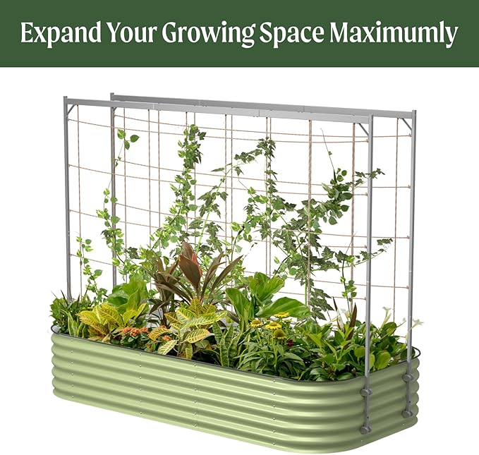 Vego Garden Metal Frame Tomato Trellis, Garden Trellis for Climbing Plants Like Cucumber Beans Tomatoes & Vines, 5.0ft Long Metal Trellis for Raised Garden Beds