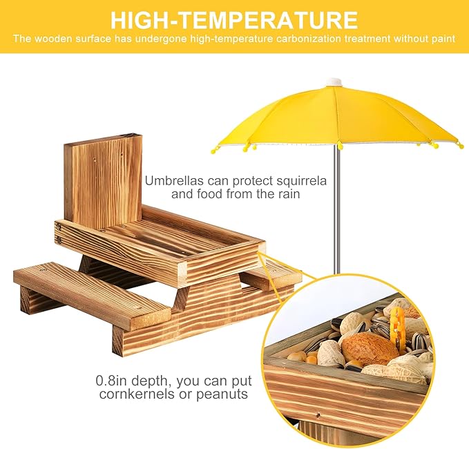 Gnodary Squirrel Feeder with Umbrella, Squirrel Feeders for Outside, Squirrel Picnic Table Feeder - Chipmunk Feeder Hold Corn, Corn Cob, Peanuts Style2 (Yellow)