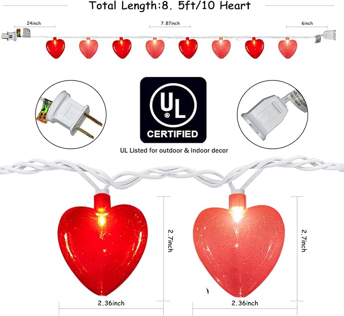 Valentine's Day Decor 8.5Ft Heart Fairy String Lights with 10 Red Pink 3D Lights, Plug in Valentine's Day Love Heart String Lights for Indoor Outdoor Patio Wedding Anniversary Party Decorations