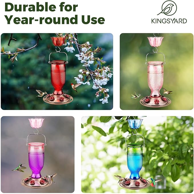 Kingsyard Glass Hummingbird Feeders for Outdoors, 24 oz Hummingbird Nectar Feeder for Garden Decorations with 6 Feeding Ports, Ant Moat Included, Gifts for Women Mom, Easy to Clean & Refill, Red