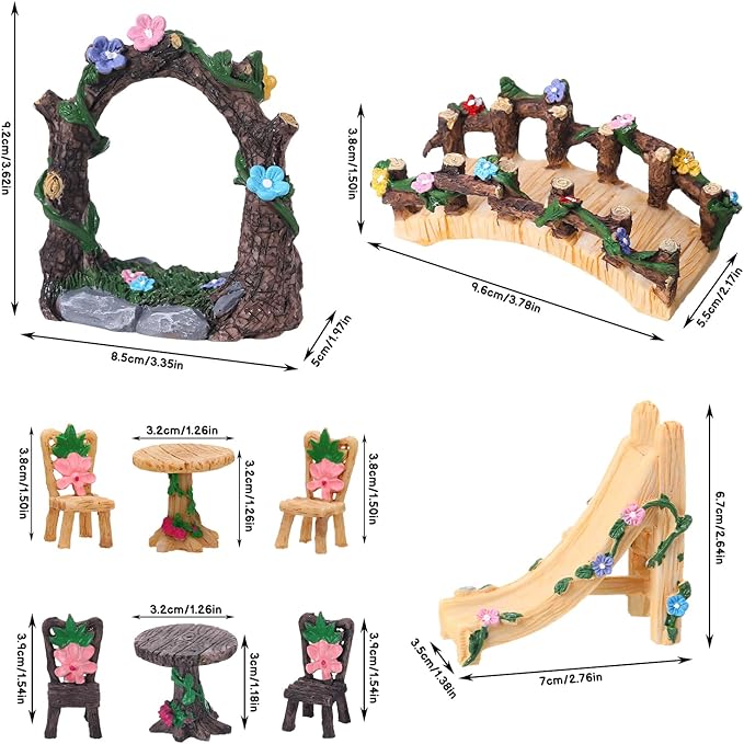 9 Pcs Fairy Garden Accessories - Miniature Garden Kit Landscape Decorations Table and Chairs Set Fairy Garden Furniture Ornaments Bridge Flower Slide Figurine for Terrarium Potted Plants, Dollhouse