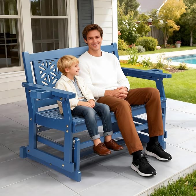 VINGLI Fir Wood Outdoor Glider with Floral Backrest, Wooden Patio Gliding Bench with Cup Holders, Smooth Rocking Chair for Garden, Yard & Porch (Blue, 4FT)