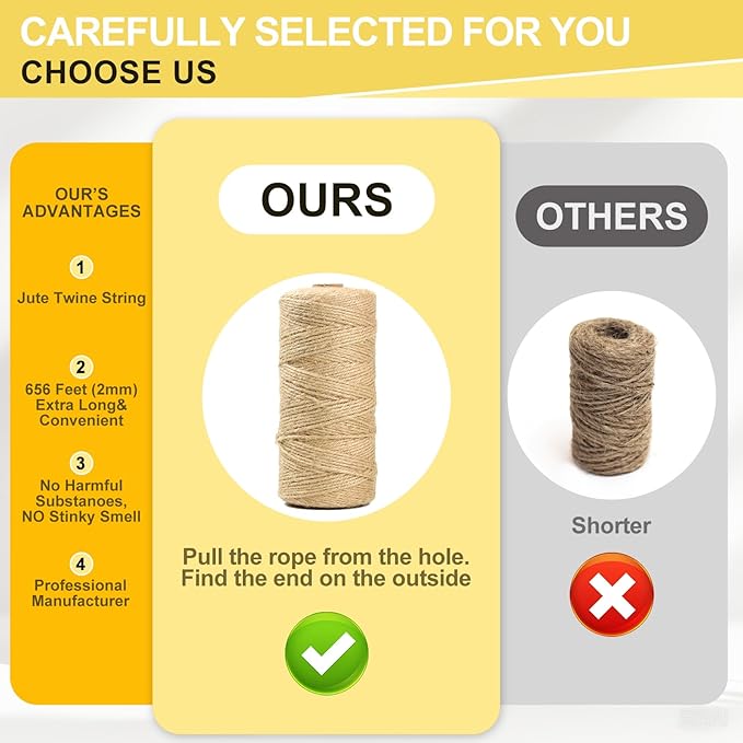 Jute Twine String - 656ft Eco-Friendly Natural Cord for Crafts,Butcher Cooking & Packaging | 2mm Thick Jute Rope | Extra Long Decorative Tying,Plant Support & DIY Projects