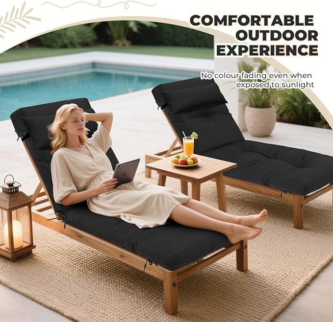 Waterproof Lounge Chair Cushion Outdoor for Chairs, Fade Resistant Chaise Lounger Replacement Cushions with 6 Ties, Thickened Memory Foam Pool Lounge Chair Cushions, 76 x 22 x 4.7 Inches, Black