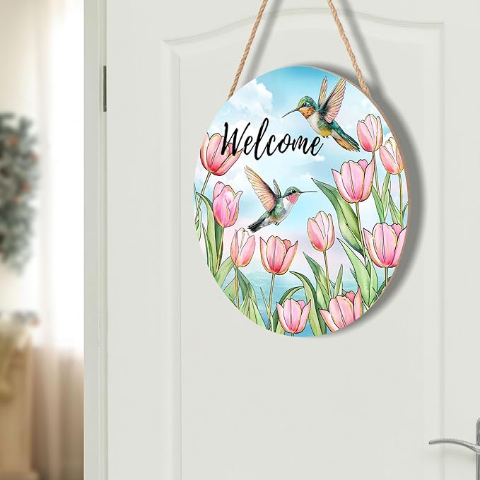 Welcome Spring Summer Pink Tulip Flowers Door Sign For Front Door Decor,Hummingbird Birds Wooden Sign 12"x 12" Round Seasonal Hanging Door Sign Decoration for Rustic Decor