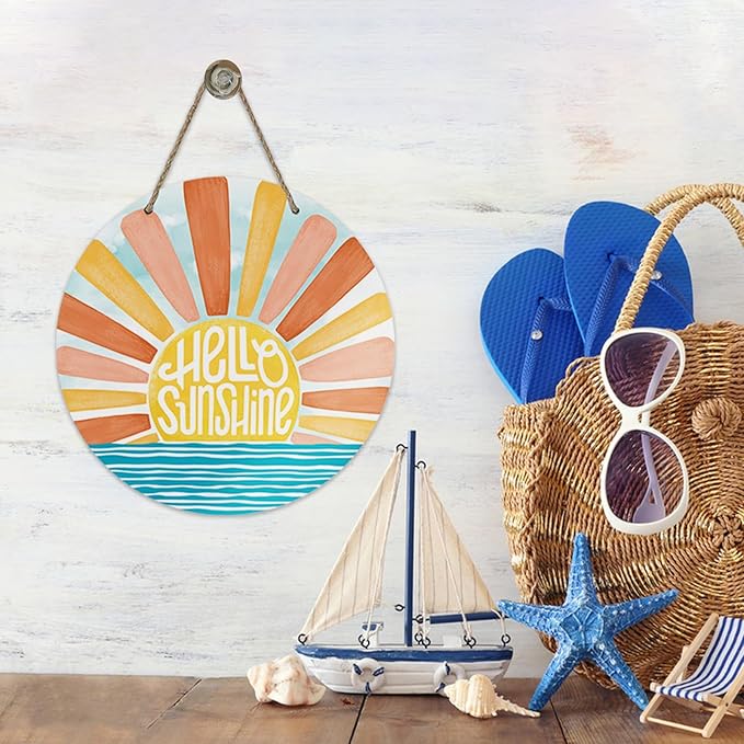 Hello Sunshine Sun Summer Front Door Sign, Spring Boho Sunset Over The Sea Wood Door Hanger Outdoor Outside Porch Decor, Bohemian Ocean Wooden Wreath Indoor Wall Hanging Decoration