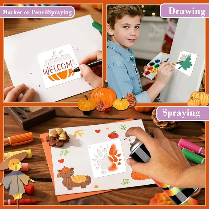 72 PCS 3x3 Inch Thanksgiving Stencils for Painting - Pumpkins, Gourds, Autumn Leaves, Wheat, Turkey Reusable Thanksgiving Painting Templates on Wood, Glass, Fabric, Window Door Decor DIY Decoration