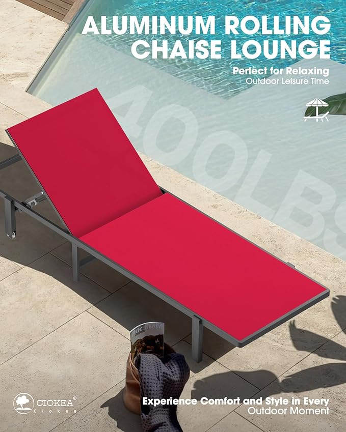 Ciokea Aluminum Chaise Lounge Chair Outdoor with Wheels, Patio Lounge Chair with Adjustable 5-Position Recliner and Full Flat Tanning Chair for Patio, Beach, Pool, Red