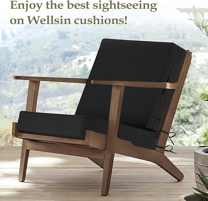 Wellsin Outdoor Cushions for Patio Furniture, Waterproof Outdoor Seat Cushions with Ties and Handle, 22X22 Outdoor Cushions, Outdoor Deep Seat Cushions with Removable Cover, Black