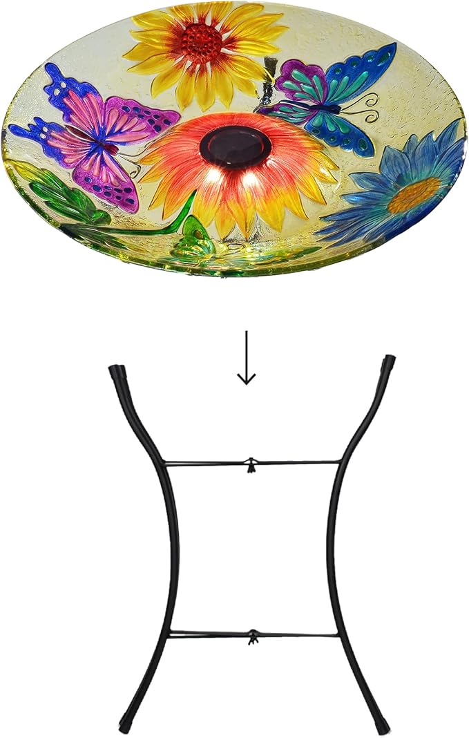 Teamson Home Handpainted Butterfly Fusion Glass Solar Birdbath Bowl Feeder with LED Light for Outdoor Patio Garden Backyard Decking, 21 Inch Height, Yellow