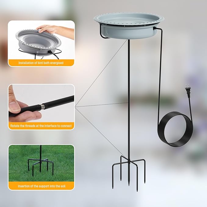 Heated Bird Bath for Winter, Outdoor Pedestal Standing Birdbath with Automatic De-icer, Electric Water Bowl for Outside Gardens, Deck, Yard