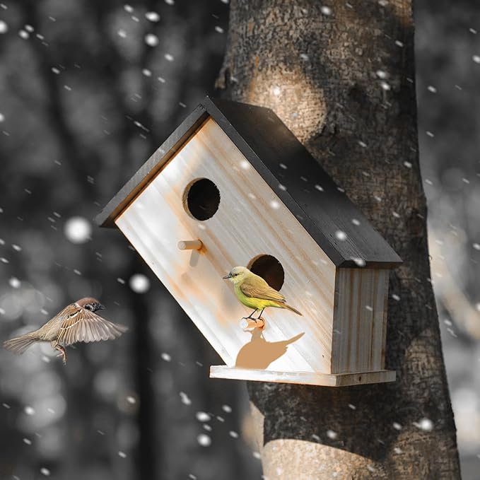 Bird House for Outside-Wren Bird House for Outdoor-Wooden Birdhouse for Outdoors Hanging Bluebird House for Cardinals for Garden Viewing -2 Hole (Wooden, 1)