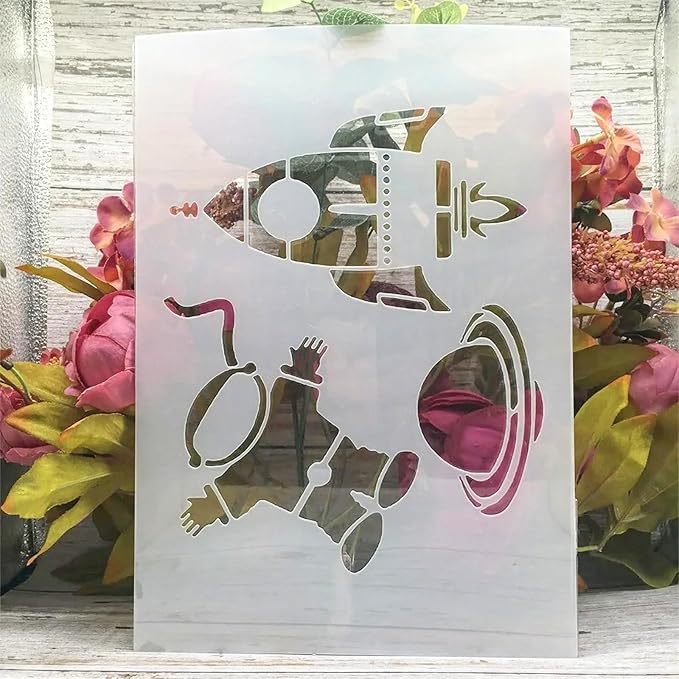 TIAMECH A4 Reusable Astronaut Stencil for Painting - Rocket Planet Layering Template, DIY Wall Art, Wood Furniture, Scrapbook & Crafts (8.3x11.7inch)