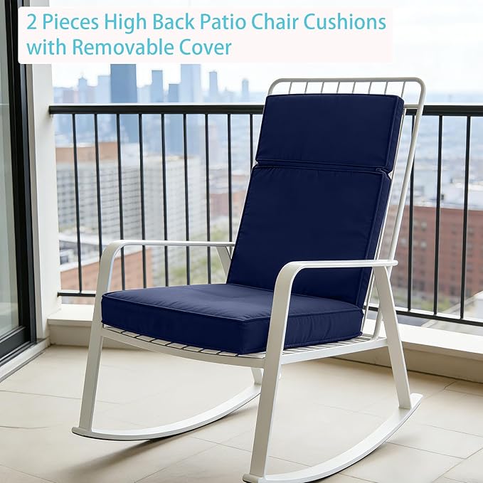 2 Pieces High Back Patio Chair Cushions, Fade Resistant Outdoor Rocking Chair Cushions, Office Chair Back Support Cushion (Navy Blue, Seat (21''x21''x3'')+Backrest (21''x28''x3''))