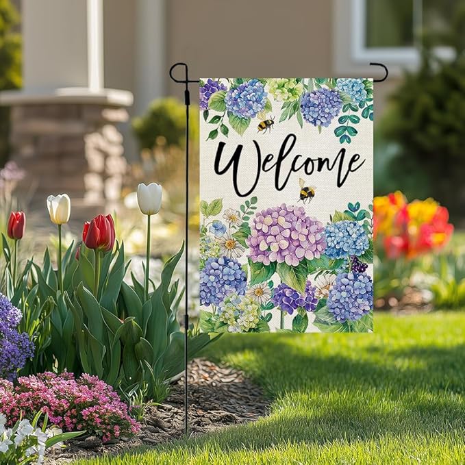 CROWNED BEAUTY Spring Garden Flag Floral Hydrangea Double Sided 12x18 Inches Small Burlap Welcome Holiday Seasonal Yard Decoration for Outside Porch CF1751-12