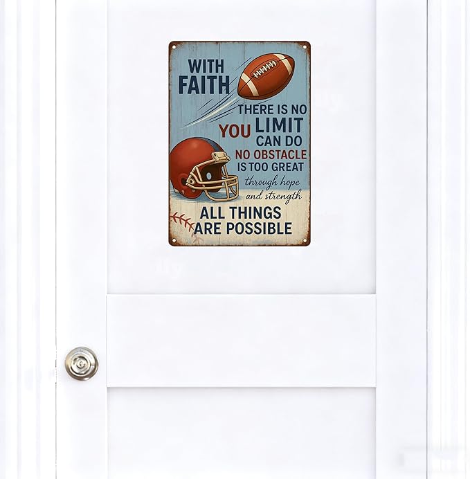 Football Party Decorations With Faith Football Metal Sign – Vintage Christian Sports Wall Art for Locker Room, Bedroom, or Gym – Motivational Football Gift for Athletes, Coaches, and Football Fans (FOOTBALL)