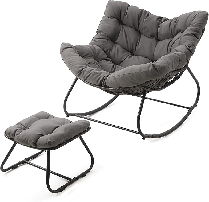 Wisteria Lane Patio Rocking Chair with Ottoman, Outdoor Indoor Rocking Egg Chair with Cushions, Metal Lounge Chair Oversized Papasan Chair, Outdoor Wicker Reading Chair for Porch Garden, Dark Grey