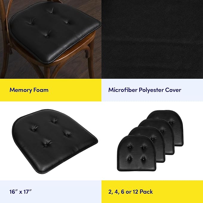 Sweet Home Collection Chair Cushion Memory Foam Pads Tufted Slip Non Skid Rubber Back U-Shaped 17" x 16" Seat Cover, 2 Count (Pack of 1), Faux Leather Black