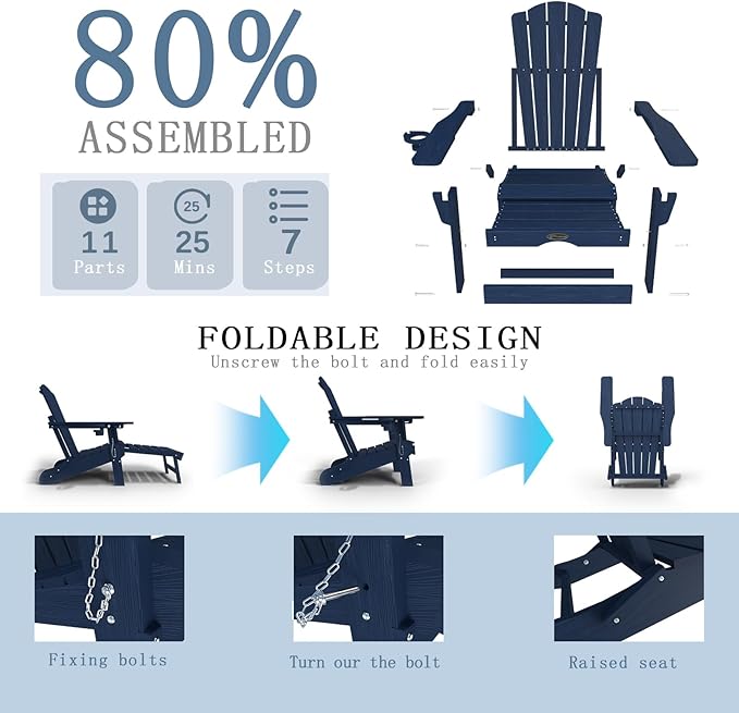 Folding Adjustable Adirondack Chairs with Ottoman & 1 Cup Holders Set of 8, HDEP Multifunctional Adirondack Chair with Footrest,Navy Blue