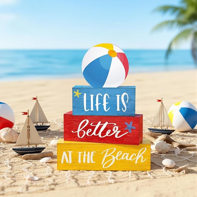 4 Pcs Summer Table Decor Rustic Beach Ball Wooden Signs Life Is Better at The Coastal Tiered Tray Decor Farmhouse Summer Centerpieces for Tabletop Home Office Desk Shelf Pool Party Decorations