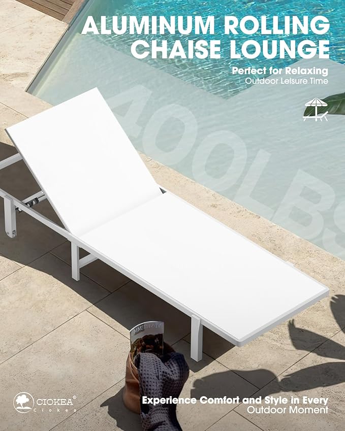 Pool Chaise Lounge Chair Set of 4, Outdoor Lounge Chairs with Wheels, 5-Position Adjustable Sun Loungers for Outside, Deck, Beach, White