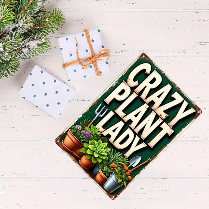Funnysign Vintage Crazy Plant Lady Tin Sign, Funny Rustic Garden Wall Decor with Succulents & Potted Plants, Metal Wall Art for Patio, Porch, Greenhouse, Plant Room or Home, 8x12 Inch (9816)