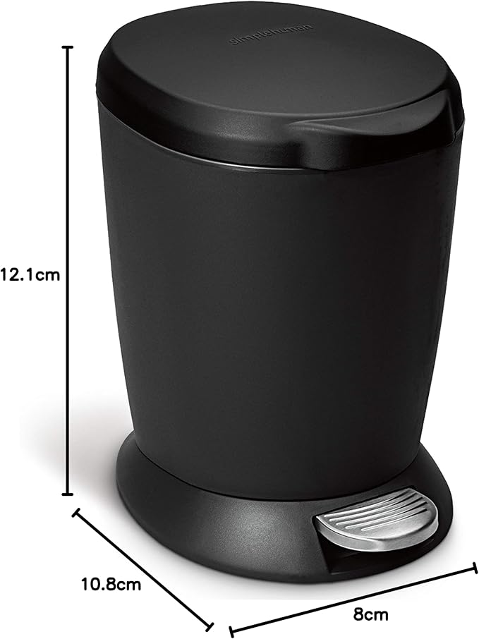 simplehuman 6 Liter / 1.6 Gallon Compact Plastic Round Bathroom Step Trash Can, Black