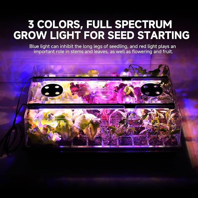Large Seed Starter Tray with Grow Light and Thermostat Controller Heat Mat, 10"x 20.75" Heat Mats for Plant Growing,68-113°F Adjustable,Color Change Grow Lights,Germination Trays Kits