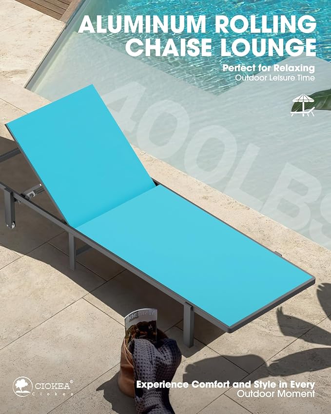 Ciokea Patio Chaise Lounge Chair Set of 2, Outdoor Lounge Chairs with Wheels, 5-Position Adjustable Sun Loungers for Pool, Deck, Beach, Lake Blue