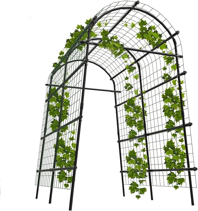 Adjustable Garden Arch Trellis, 7.5FT Metal Arbor with Climbing Net, 35"–45" Wide Weather-Resistant Pergola for Vines, Roses, Vegetables & Flowers, Sturdy Steel Frame, Easy No-Tool Assembly
