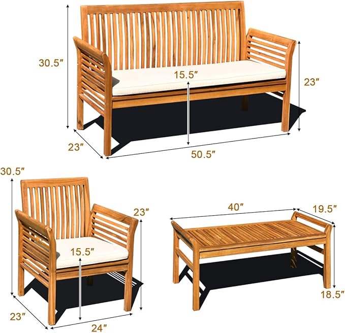 Tangkula 5 Piece Outdoor Acacia Wood Sofa Set with Wood Oil, Padded Patio Conversation Table Chair Set w/Coffee Table for Garden, Backyard, Poolside (Natural,2)