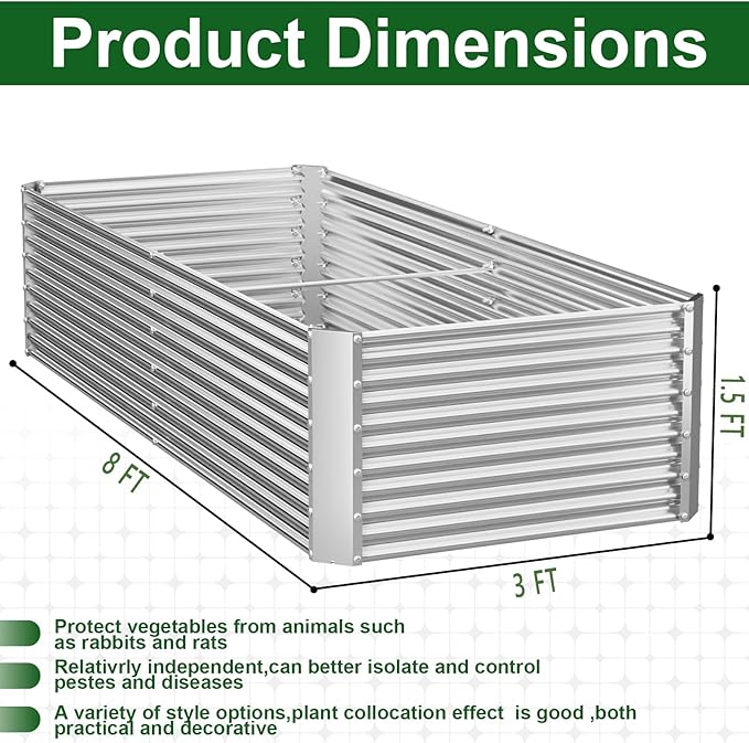 2 Pack Tall 8x3x1.5FT Raised Beds for Gardening, Corrugated Galvanized Steel Raised Garden Bed, Outdoor Metal Above Ground Garden Bed for Vegetables and Flowers(Rectangular)