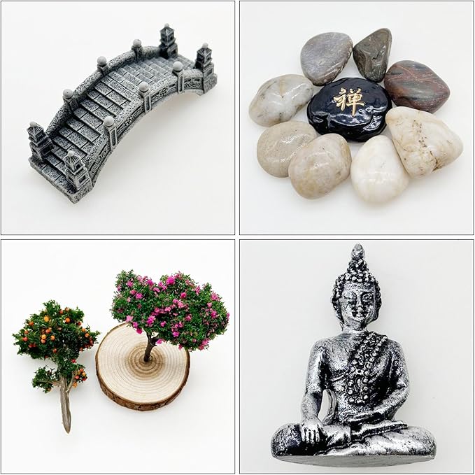 Woohome Mini Zen Garden Kit - Desktop Decor With White Sand, Rocks, Chairs, Towers, Bridges, Model Trees for Home Office
