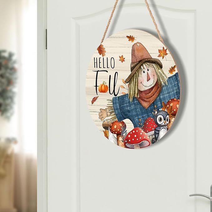 Hello Fall Scarecrow Pumpkin Door Sign For Front Door Decor,Autumn Harvest Maple Leaf Mushroom Wooden Sign 12"x 12" Round Wood Hanging Door Sign Thanksgiving Decoration for Wall Rustic Porch Decor