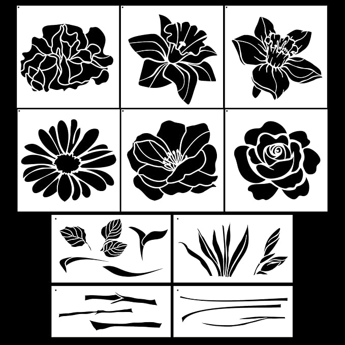 Large Flower Stencils for Painting - 10 Pcs, Reusable Templates for Wall, Wood, Furniture & More