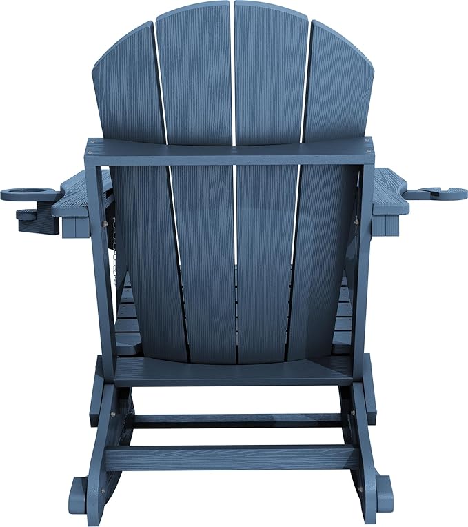 KINGYES Adirondack Rocking Chair with Retractable Ottoman and Cup Holders, HDPE Adirondack Rocker Patio Rocking Chair for Porch, Patio, Balcony, Deep Blue