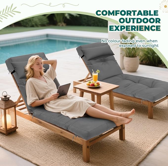 Waterproof Lounge Chair Cushion Outdoor for Chairs, Fade Resistant Patio Lounger Replacement Chaise Cushions with 6 Ties, Thickened Memory Foam Pool Chaise Chair Cushions, 76x22x4.7 Inches Bright Gray