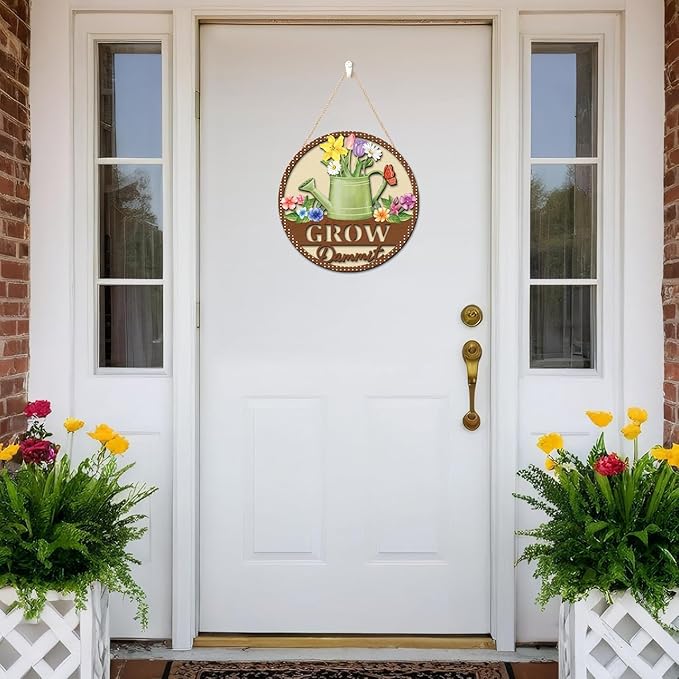 HOURIA 3D Spring Flower Wreath Door Sign(11.4”x11.4”), Grow Dammit Garden Farmhouse Wooden Door Decor,Vintage Spring Watering Can Floral Wall Hanging Sign for Front Door Outdoor Porch