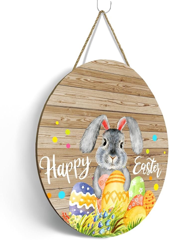 Happy Easter Bunny Door Signs Easter Eggs Rabbit Front Door Hanger Spring Wooden Porch Door Hanging Sign for Holiday Farmhouse Party Decorations