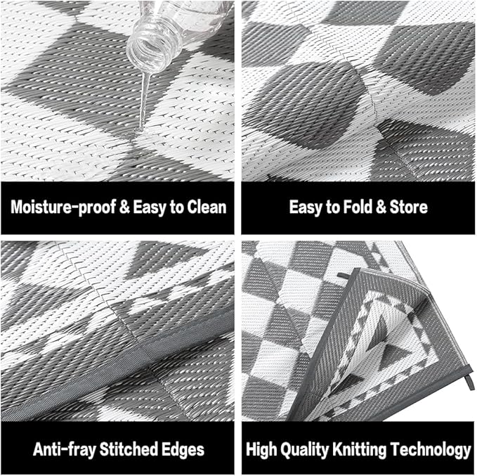 HUGEAR Outdoor Waterproof Rug 8'x10' Plastic Straw Rugs Washable Reversible Floor Mat Grey Plaid Carpet for Camping RV Deck Entryance Porch Picnic Balcony Beach Backyard