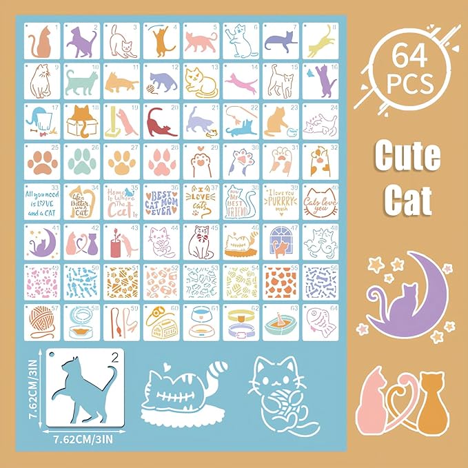 Cute Cat Stencils for Painting, 64PCS 3 Inch Cat Theme Patterns - Reusable Animal Stencils for Crafts on Canvas, Wood, Glass & More